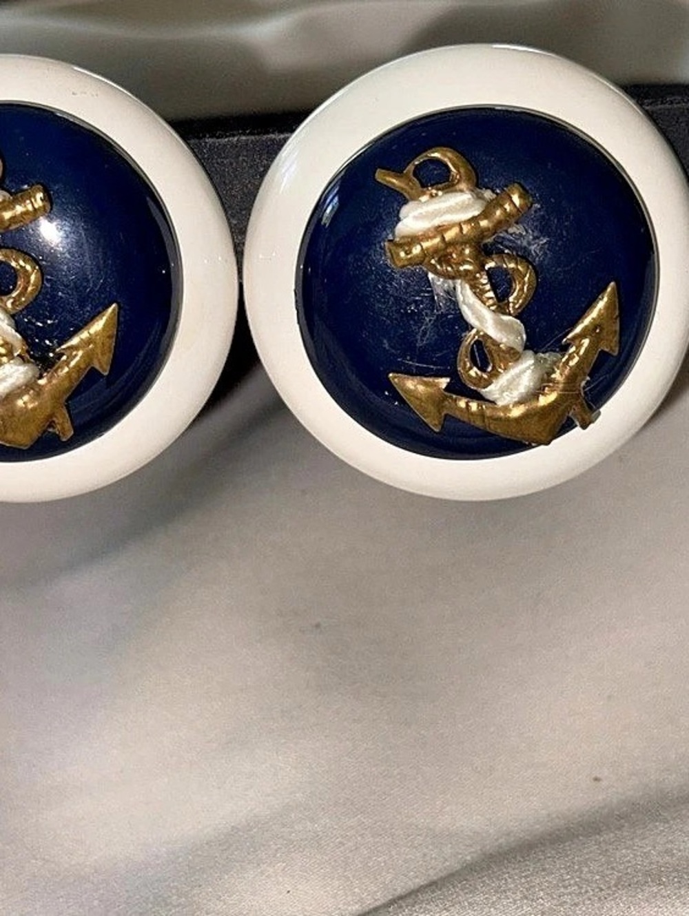 Nautical Anchor Clip-On Earrings in Navy Blue & White